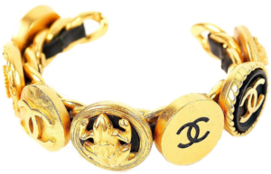 Chanel Vintage Interwoven Gold Chain Black Leather Icon Cuff Bracelet